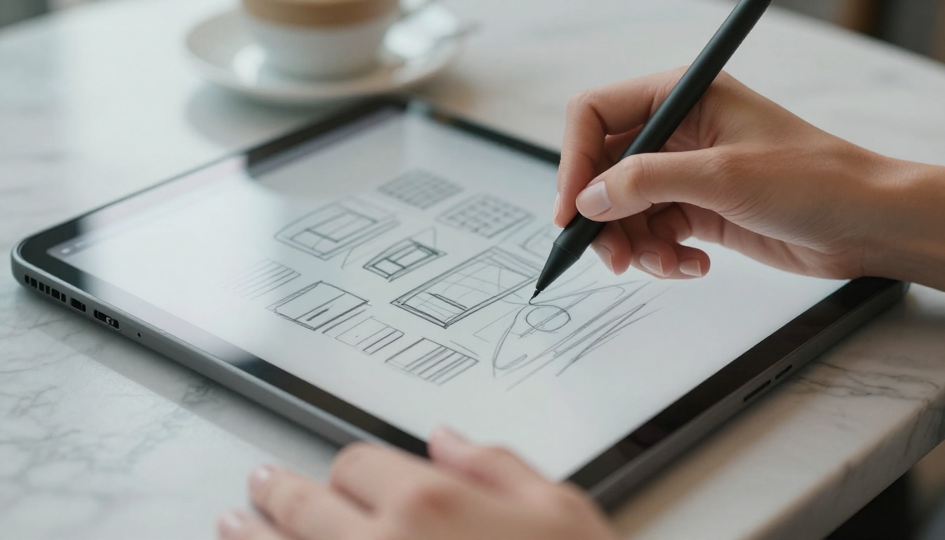 A hand drawing a rough poster layout with a stylus on a tablet at a marble cafe table