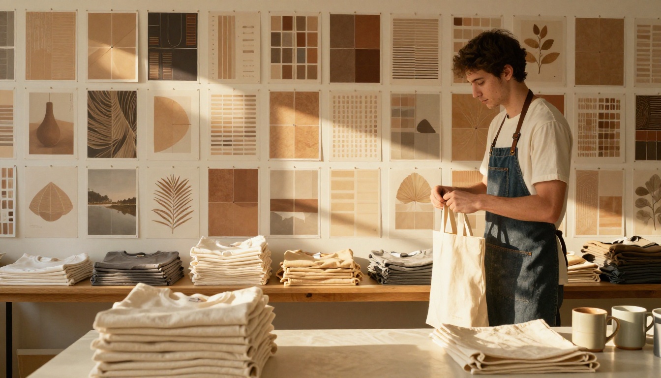 A design studio wall with pinned posters above a table of folded shirts and tote bags
