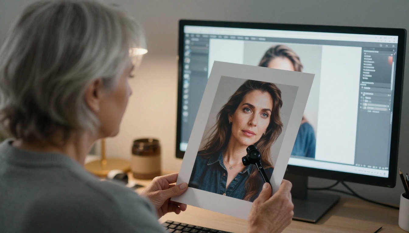 A photo retoucher studying a printed portrait through a loupe beside a monitor
