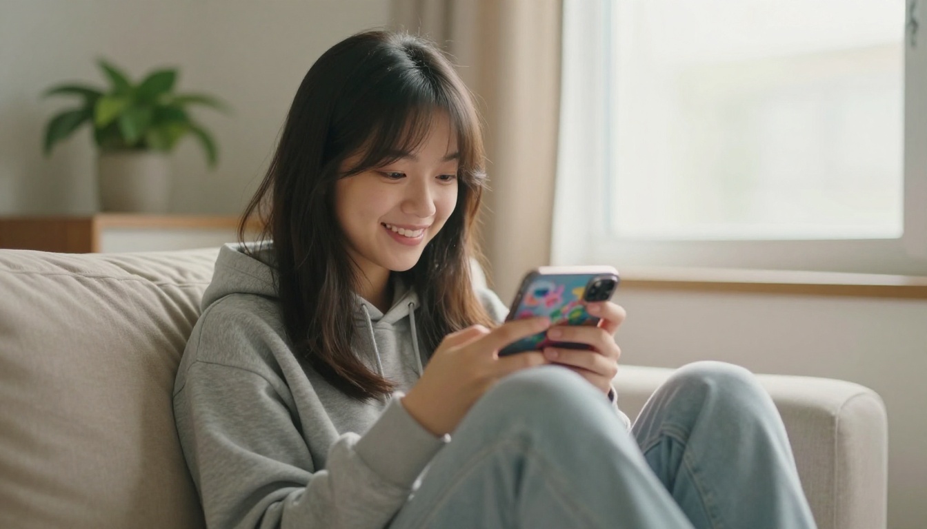 A student on a sunlit sofa smiling at a smartphone showing a colorful photo