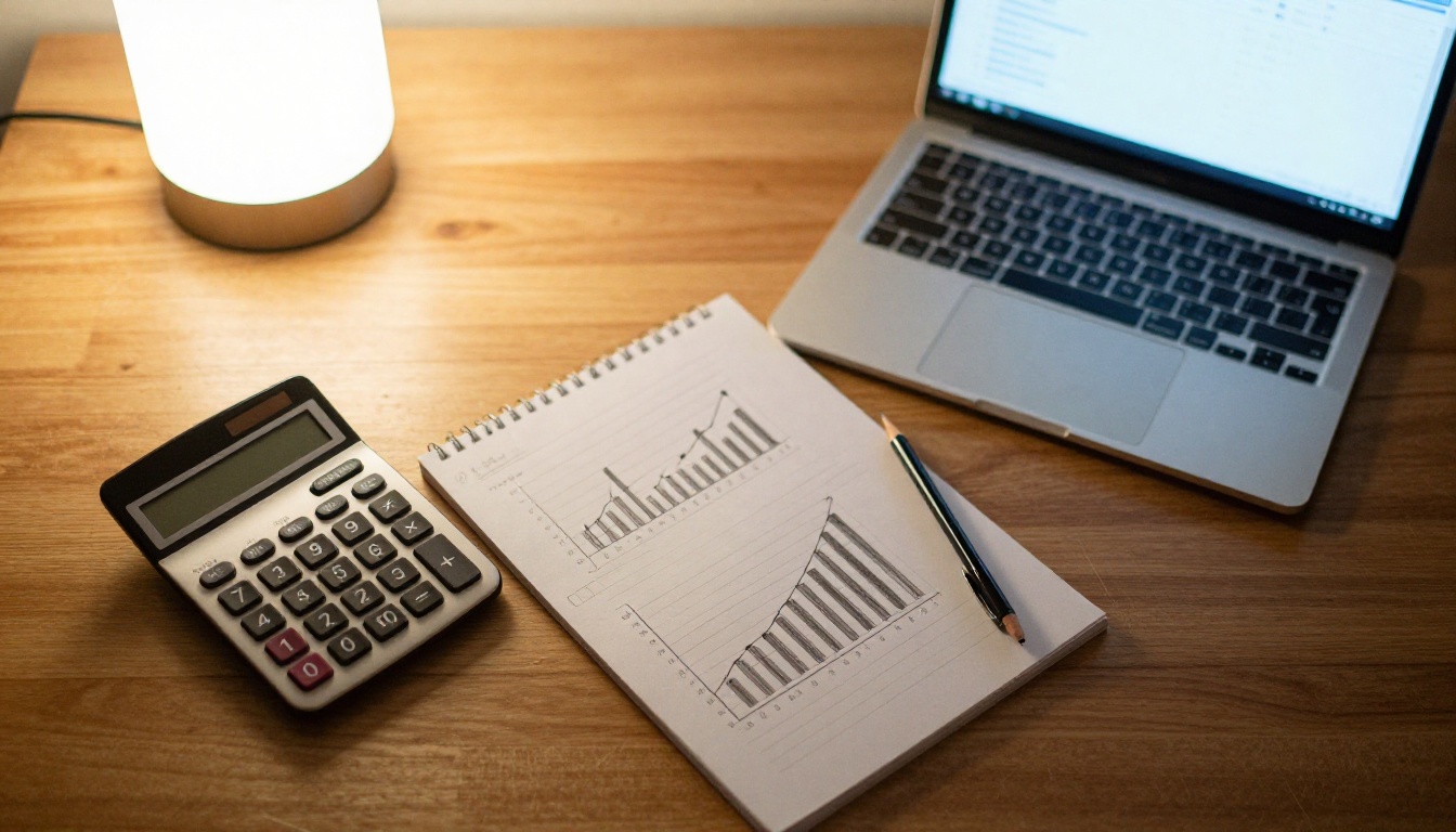 A tidy desk with a calculator, a notepad of hand drawn charts and a laptop under a warm lamp