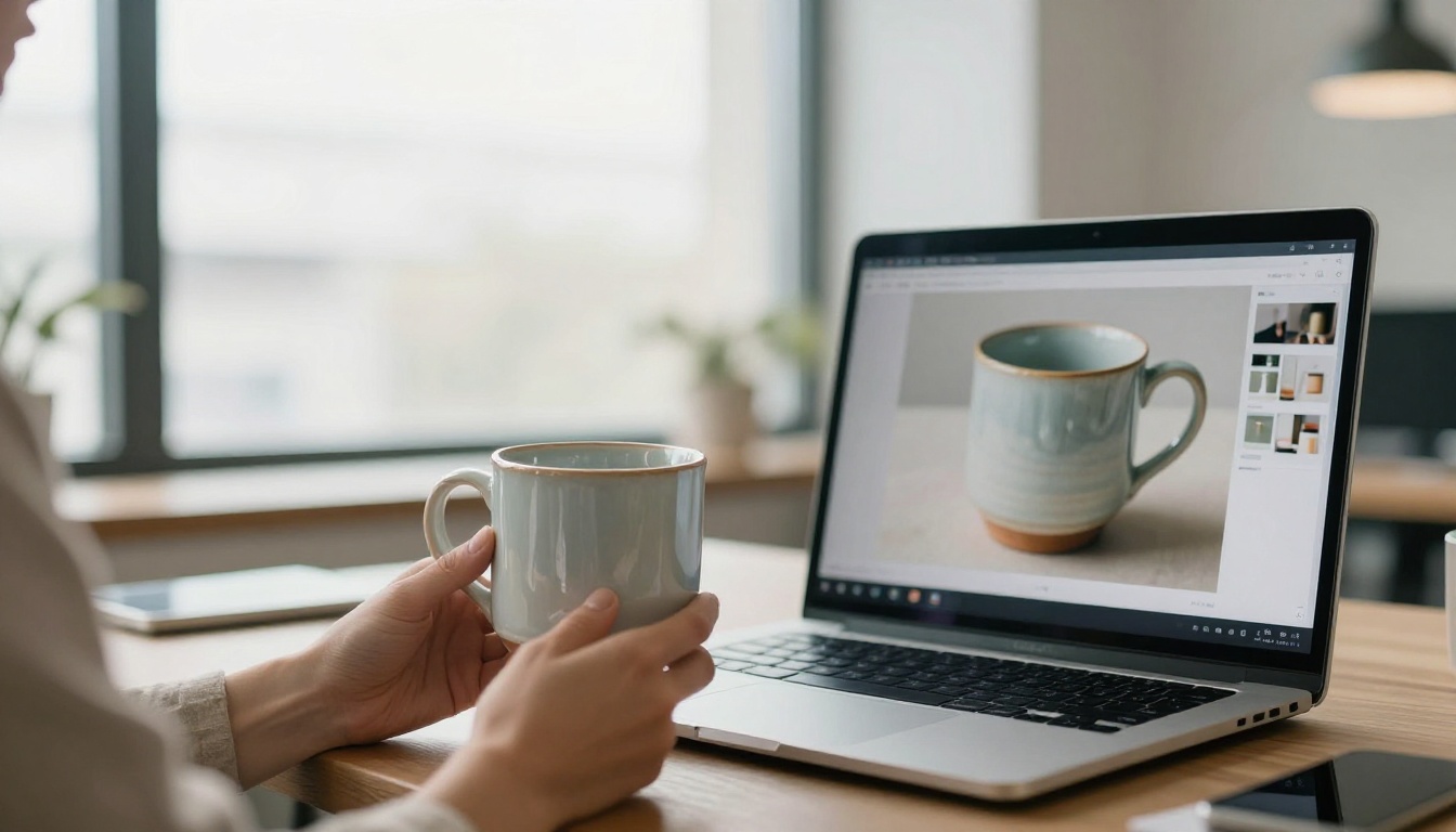 A marketer in a bright coworking space comparing a printed product photo with a laptop screen
