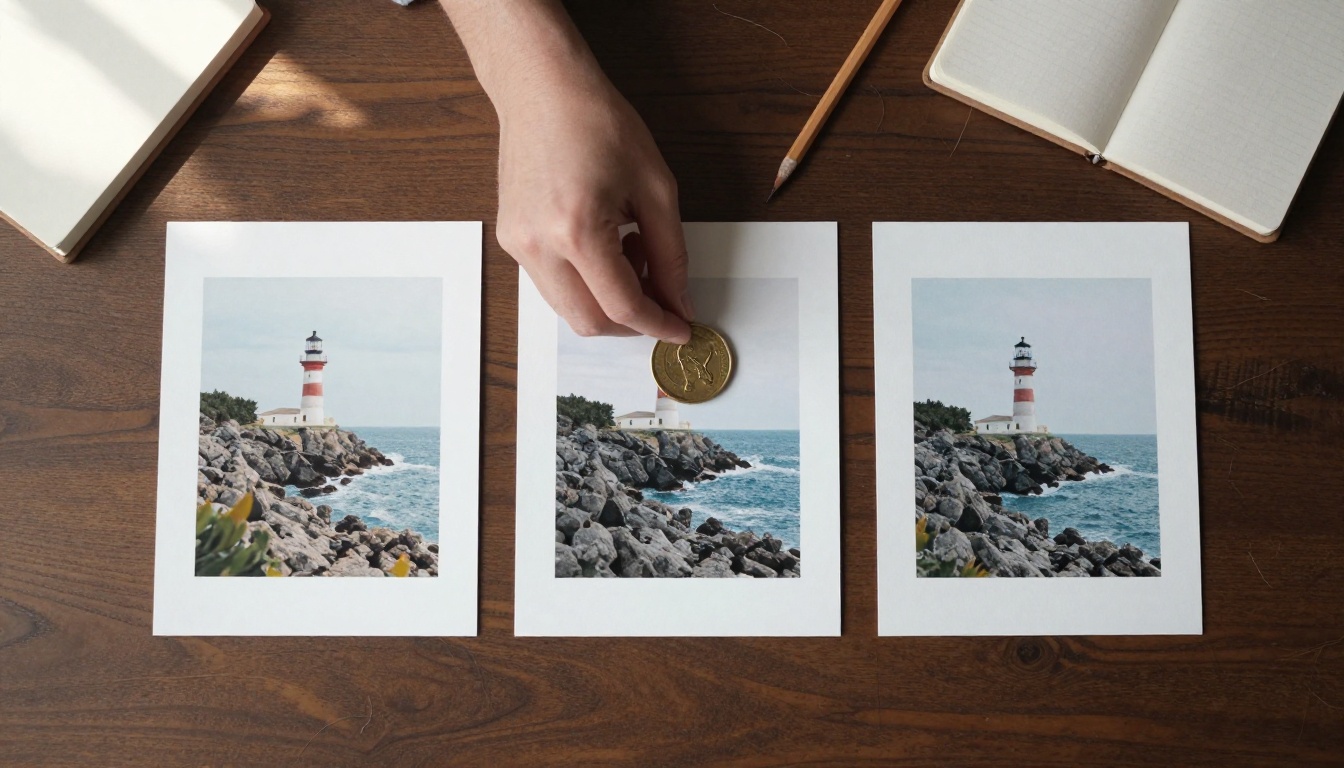 Three matching lighthouse prints on a walnut desk with a brass token placed on the middle one