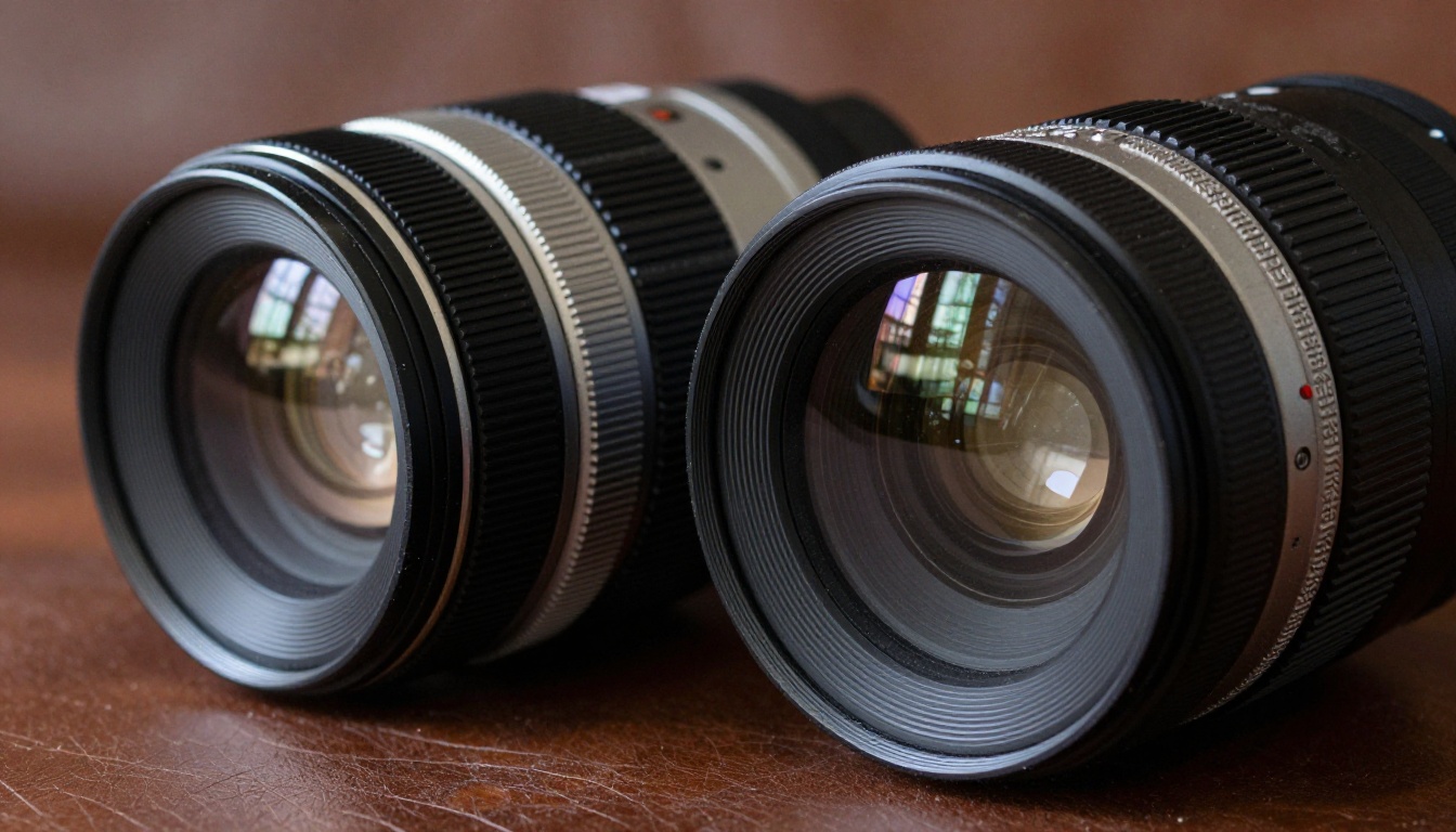 Two camera lenses lying side by side on a worn leather cloth, a compact prime and a longer zoom