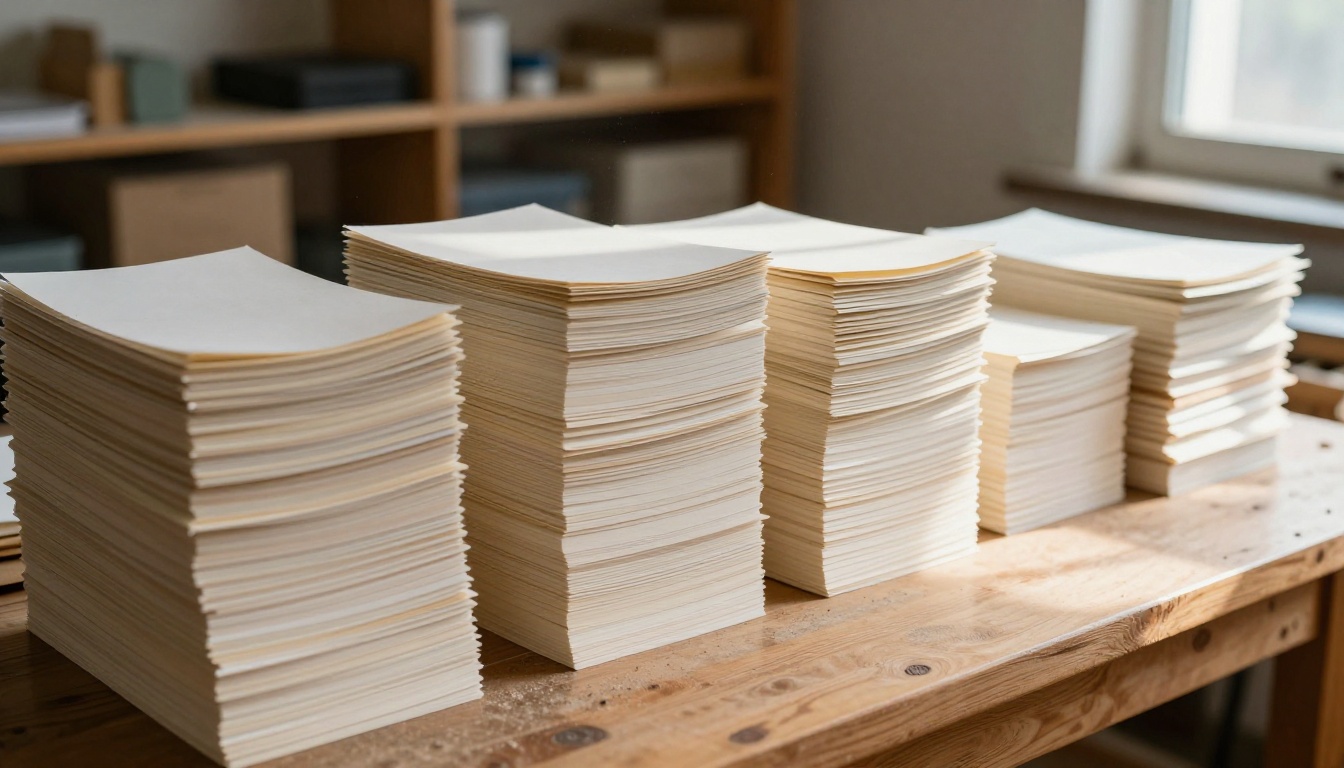 Six stacks of photographic paper in rising heights on a maple workbench, one stack per quality tier