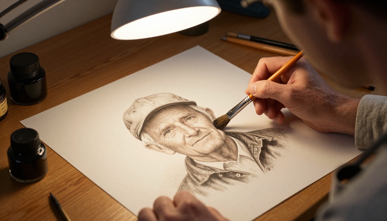 A photo retoucher using a fine sable brush to correct one tiny spot on a printed portrait while the rest stays untouched