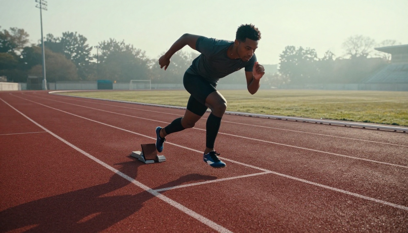 A sprinter launching from starting blocks on a red track at dawn with long shadows from the stadium