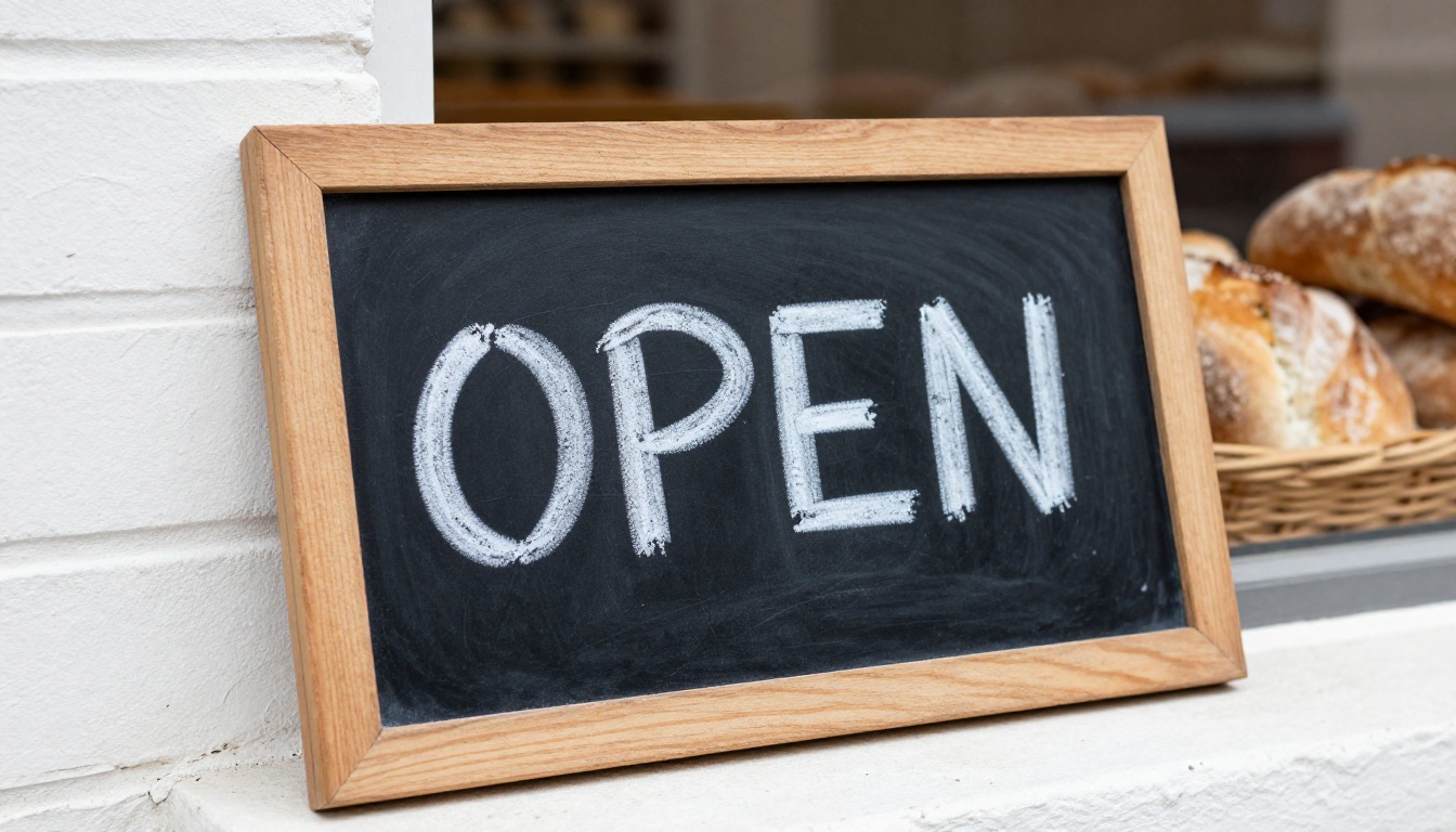A hand-lettered chalkboard sign reading OPEN leaning against a whitewashed brick wall outside a bakery