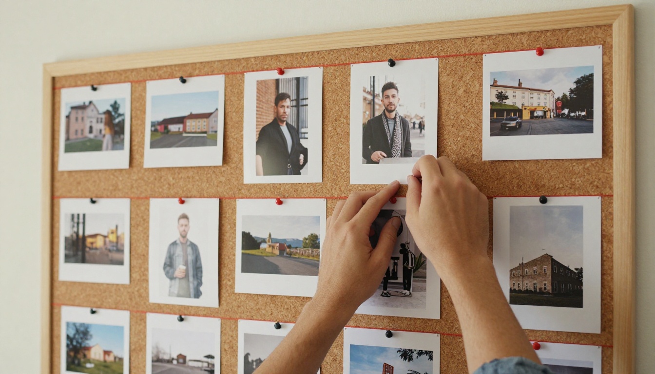 A designer's hand pinning one more printed reference photo onto a corkboard crowded with prints and red string