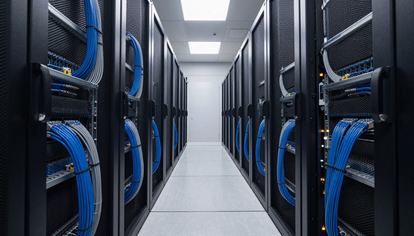 Low-angle view down a corridor of black server racks in a quiet data center