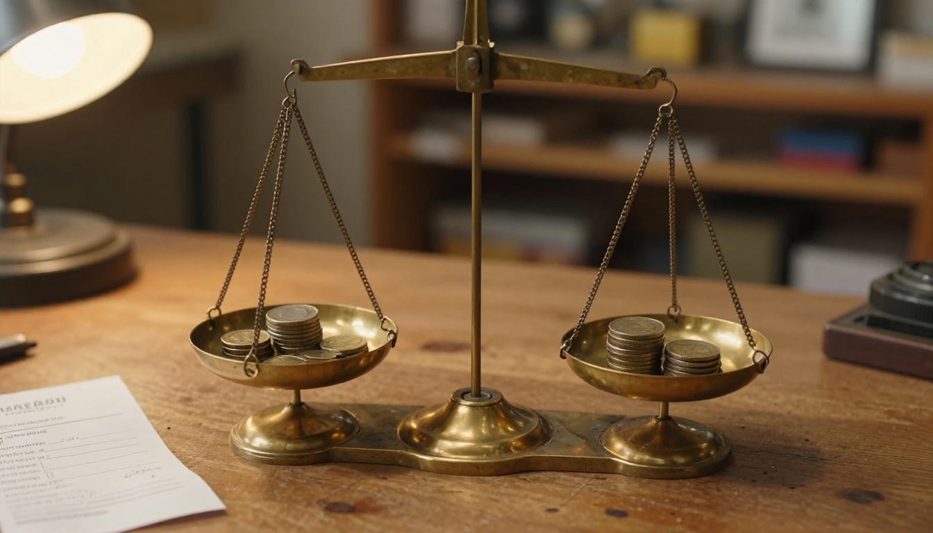 A brass balance scale on a shop counter holding two small stacks of coins, perfectly level