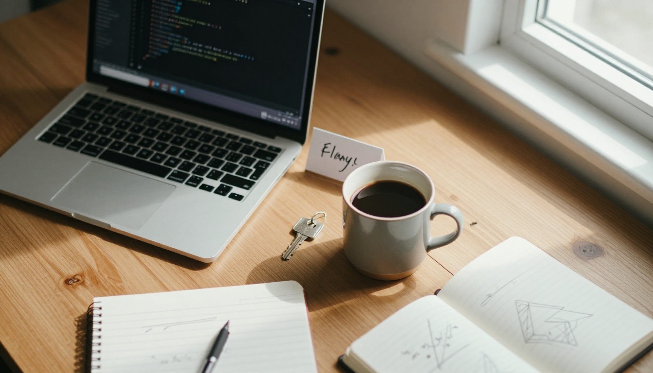 A developer's desk seen from above with a laptop, a handwritten access token card and a cup of coffee