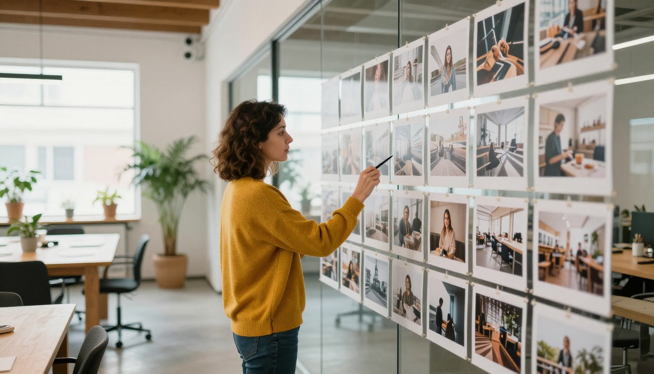 A woman in a mustard sweater reviewing a grid of printed sample photographs taped to a glass wall in a bright loft