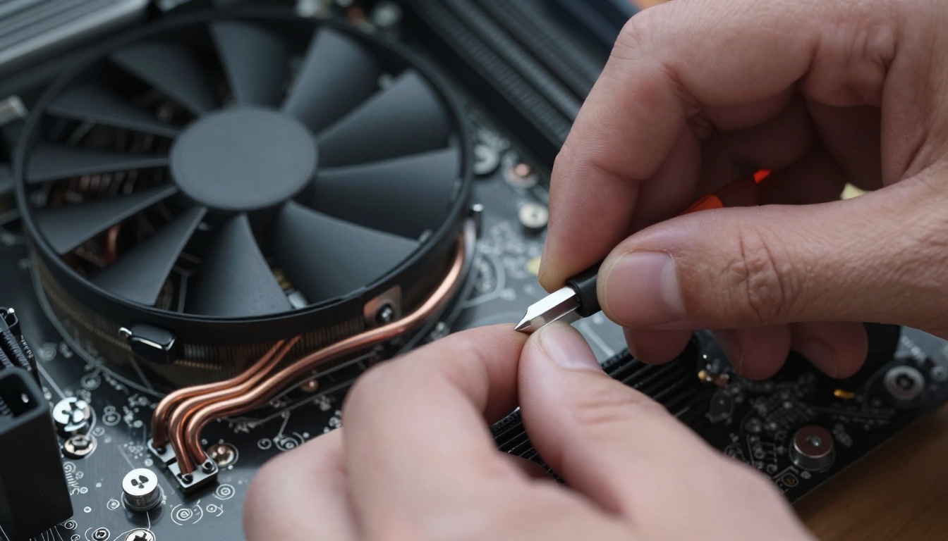 Macro shot of hands seating a large graphics card into a motherboard slot