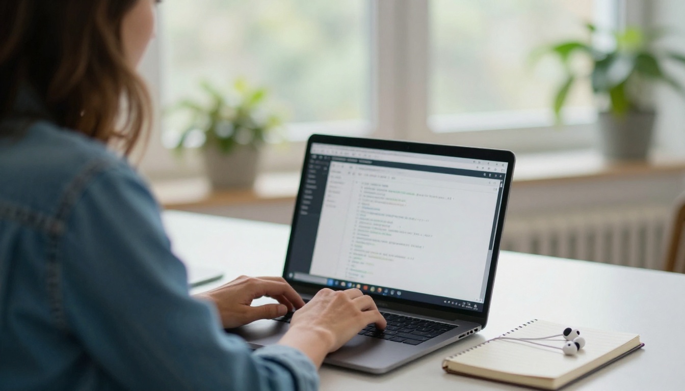 Over-the-shoulder view of a woman typing on a laptop in a bright co-working space