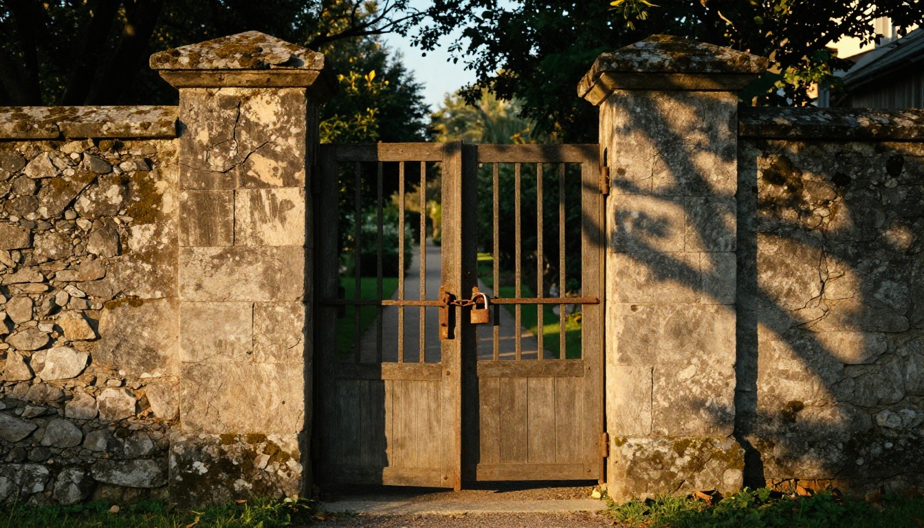 A weathered stone wall with a wide open wooden gate on one side and a closed iron gate with a padlock on the other
