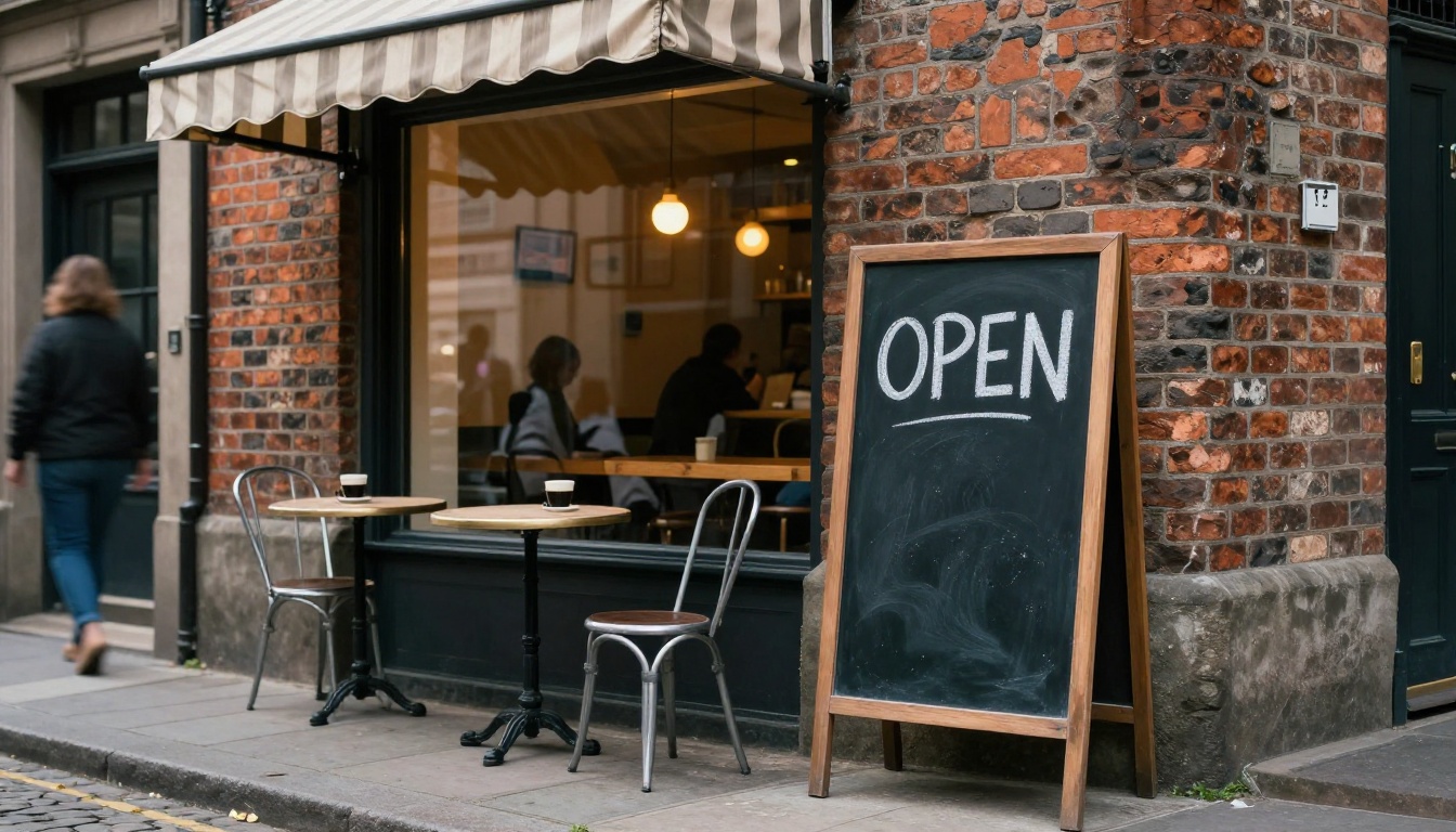 A cafe storefront on a cobblestone street with a chalkboard sign reading OPEN