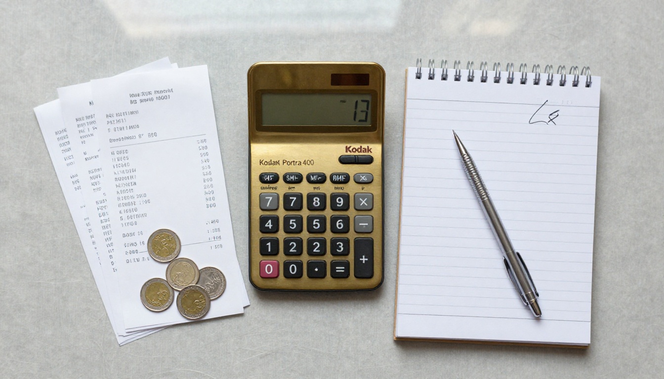 A flat lay with a brass calculator, paper receipts and a notebook of hand-drawn columns