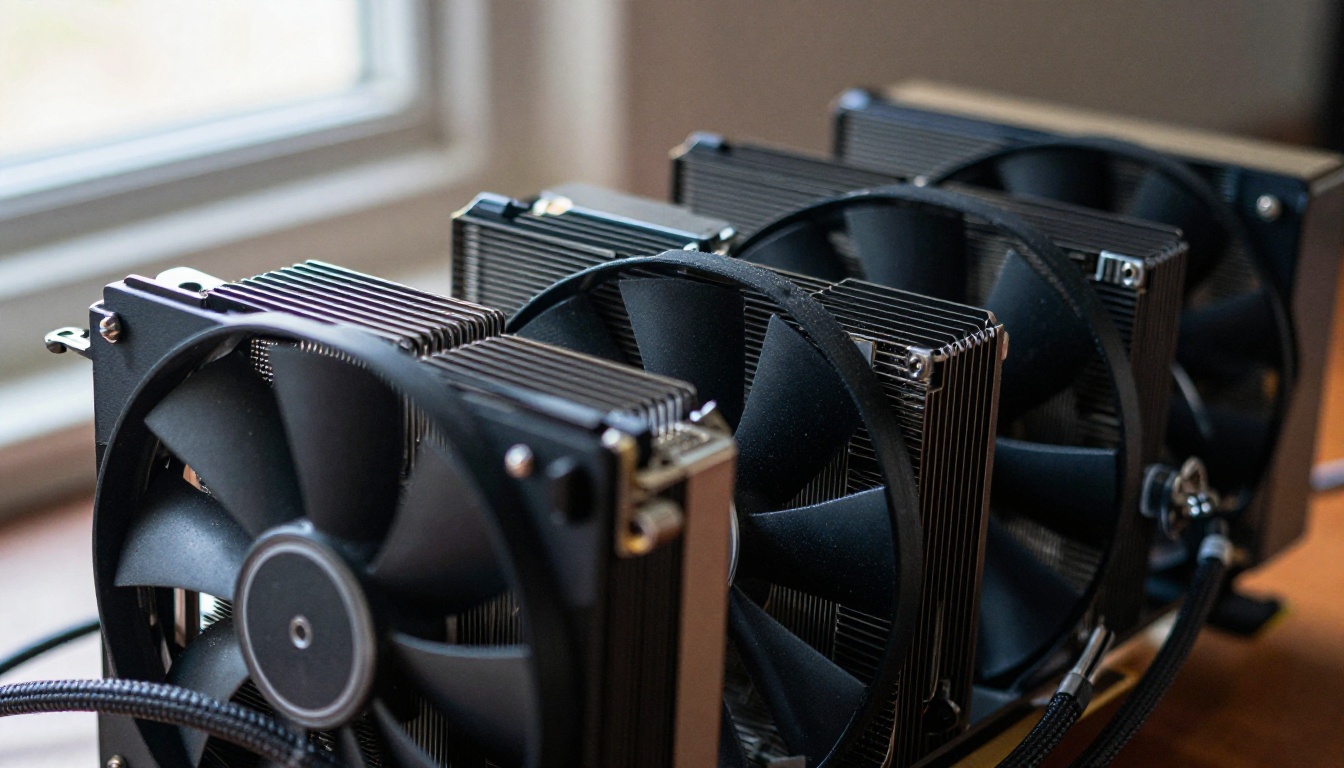 Macro of three black GPU fans and a dense aluminium fin stack in a dim room