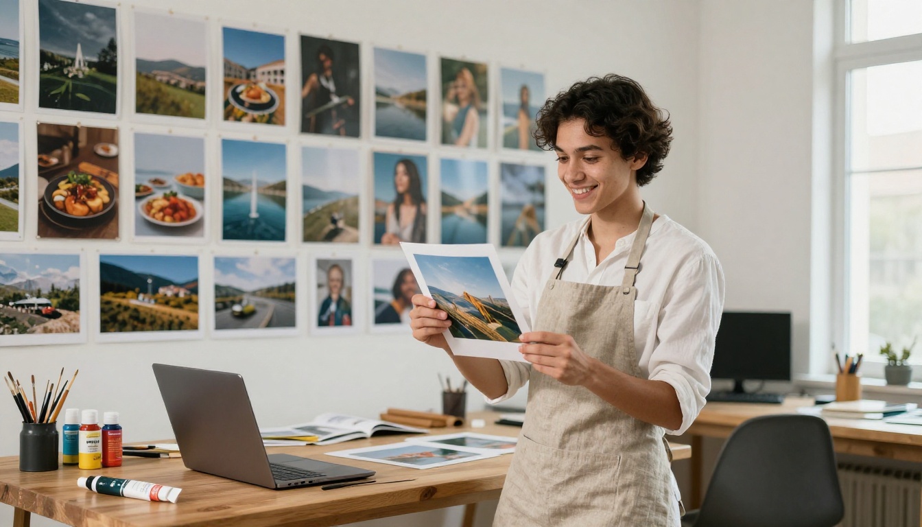 A smiling creative in a sunlit studio holding a freshly printed photograph in front of a wall of prints