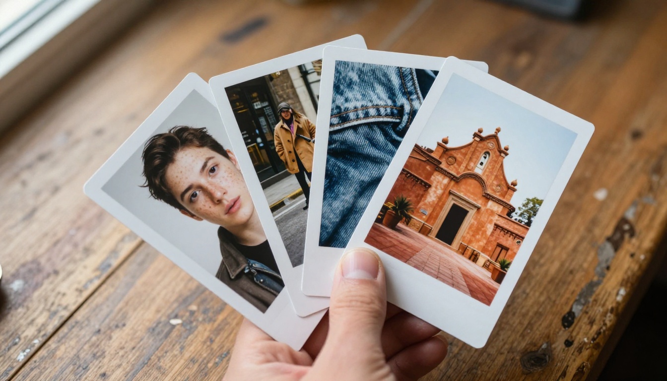 Hands fanning four glossy photographs like playing cards on an oak table