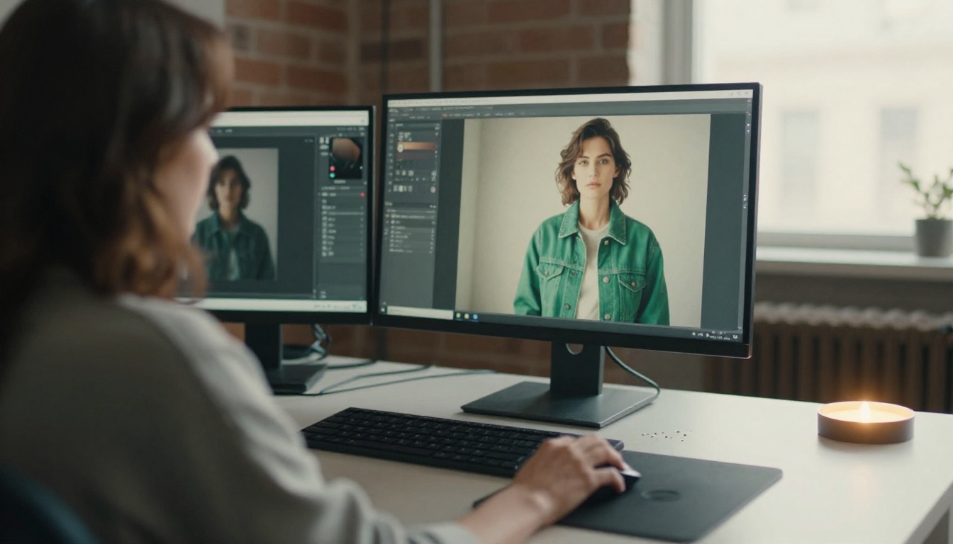 A retoucher working on a portrait at a wide monitor in a bright loft studio