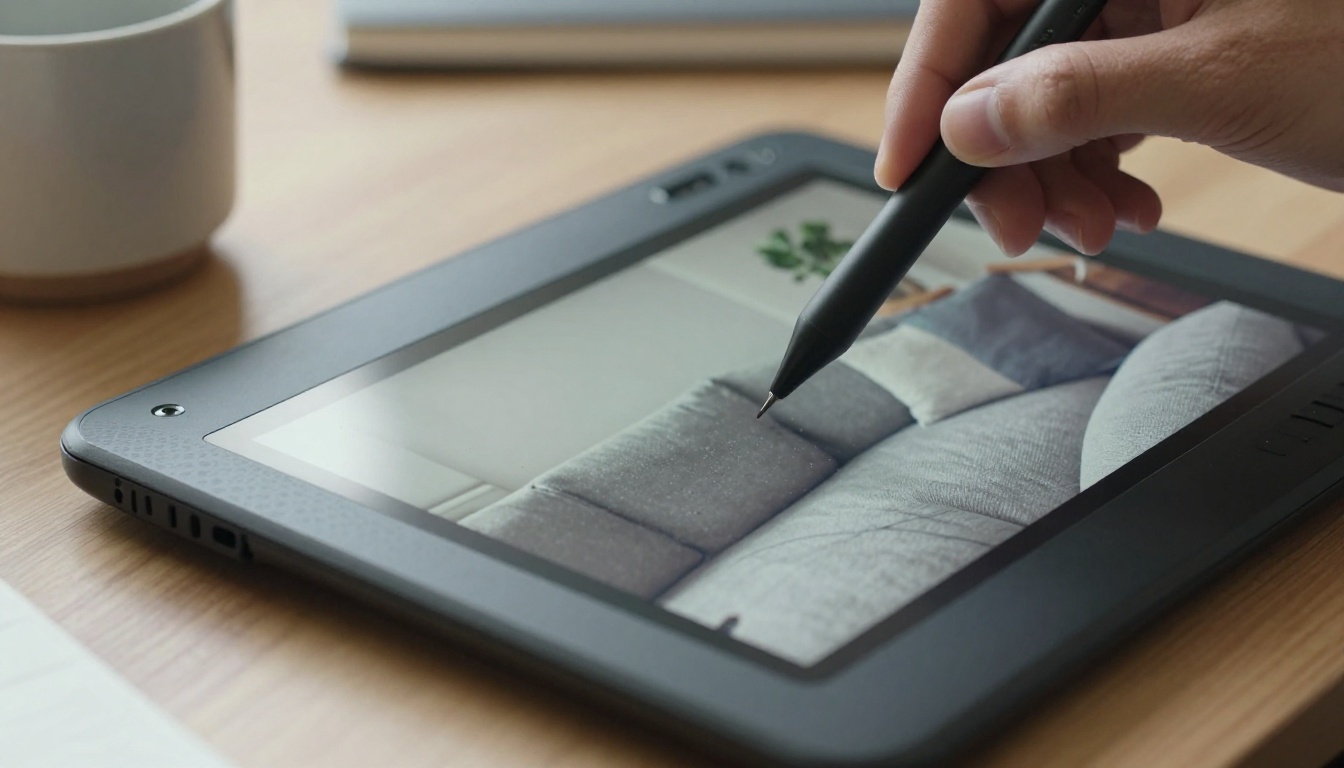 A stylus over a graphics tablet showing a sunlit living room with a gray sofa