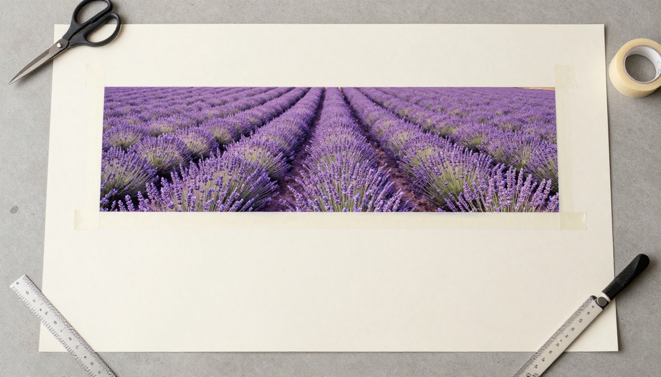 A lavender field photograph taped to a longer sheet of paper with a pencil sketch continuing the rows