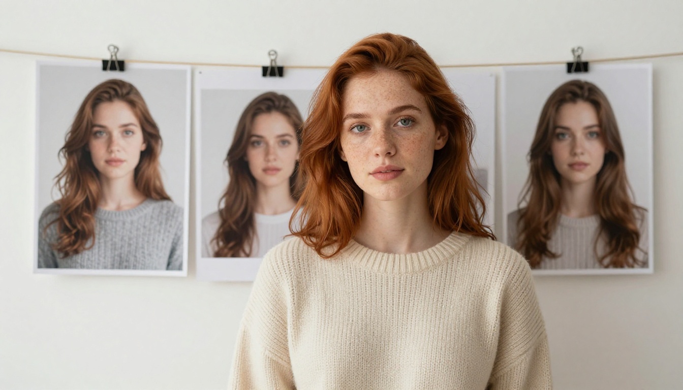 A woman with auburn hair beside a pinboard of three similar portraits in different outfits