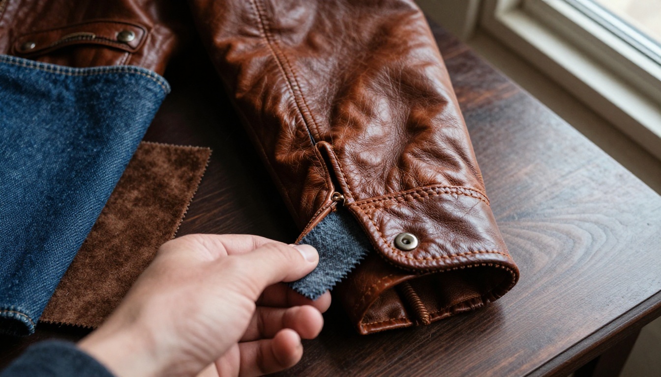 A brown leather jacket sleeve over swatches of denim, wool and suede