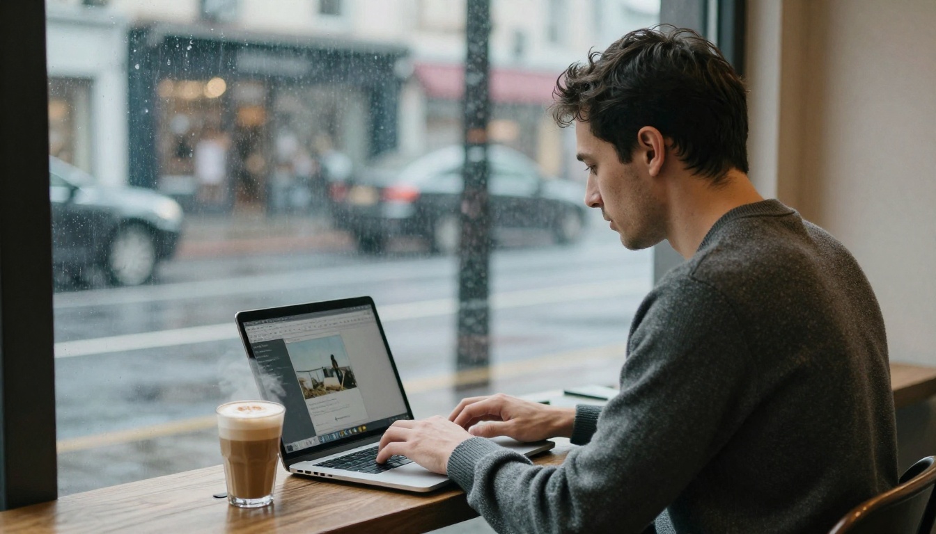 A man typing on a laptop at a cafe table beside a rainy window