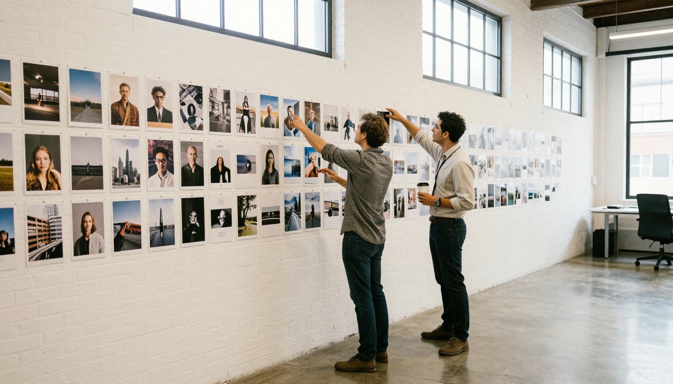 Two creative directors reviewing a wall of printed photographs in an agency loft