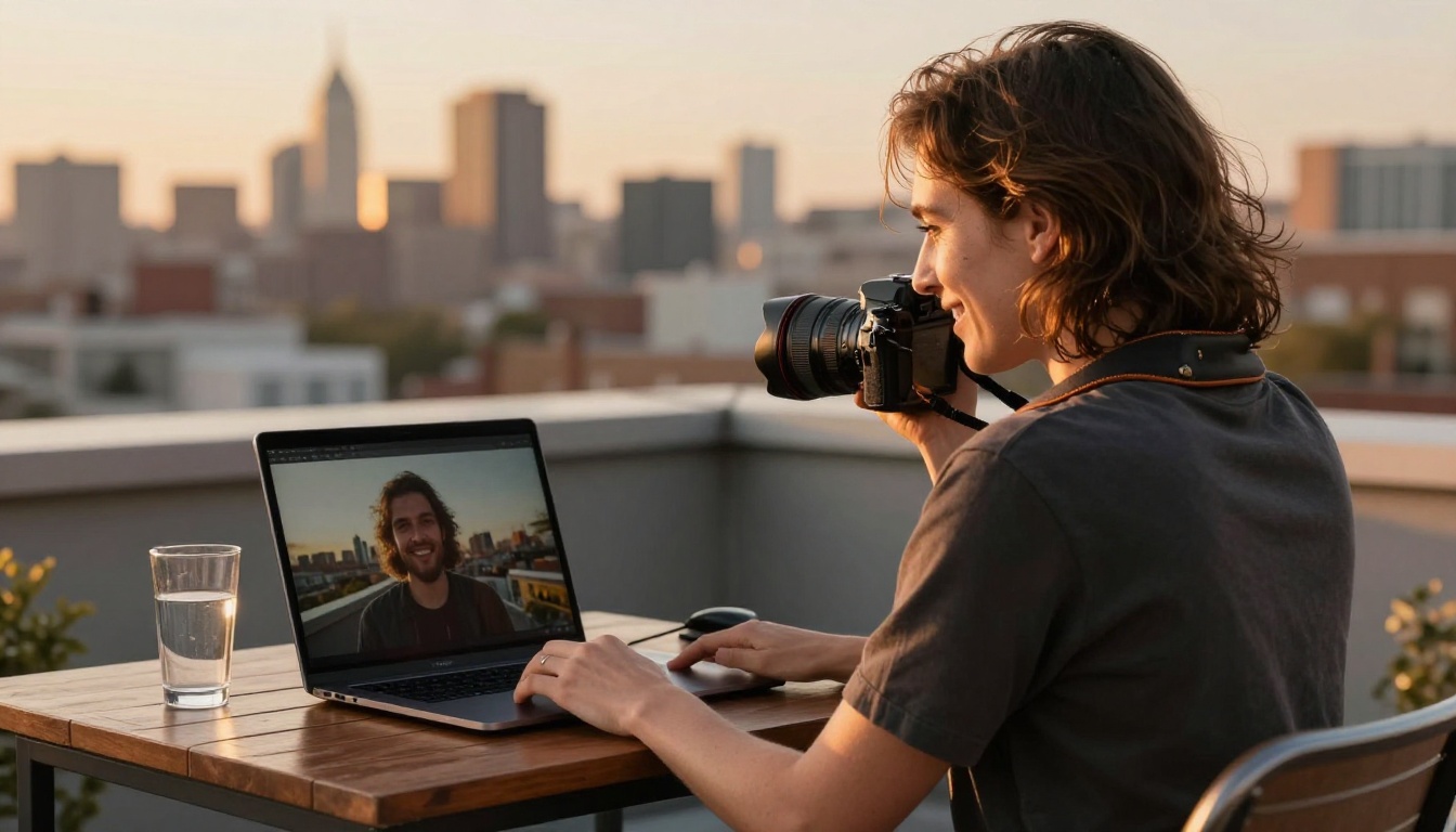 A photographer on a rooftop terrace at golden hour smiling at the back screen of her camera