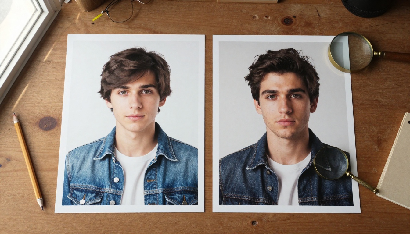 Two printed portraits side by side on a walnut desk, one soft and stylized, one sharp and literal Two printed portraits side by side on a walnut desk, one soft and stylized, one sharp and literal