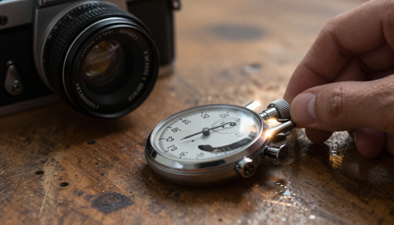 Analog stopwatch on an oak workbench beside a vintage film camera Analog stopwatch on an oak workbench beside a vintage film camera