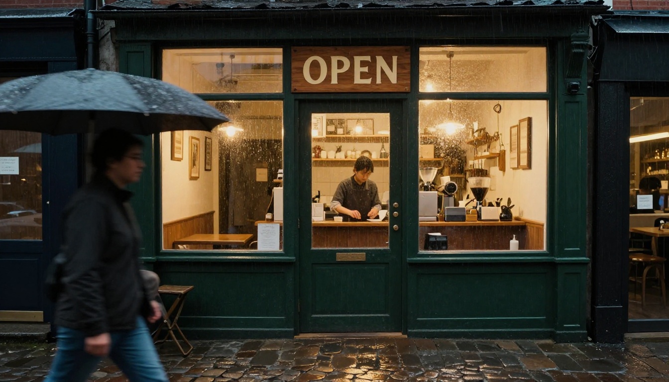 Rainy evening coffee shop with a hand-painted sign reading OPEN Rainy evening coffee shop with a hand-painted sign reading OPEN