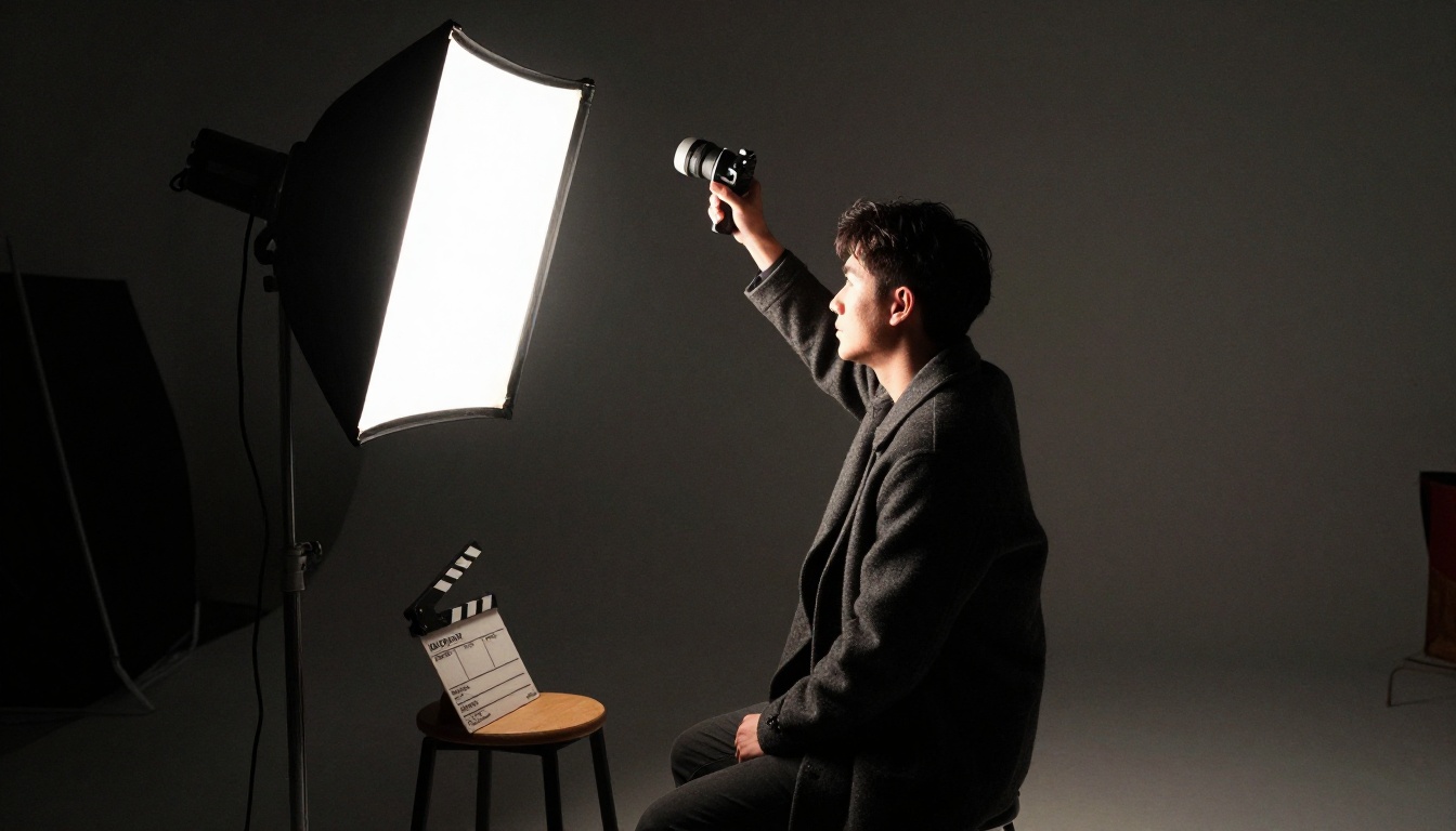 Cinematographer positioning a single overhead light above a seated actor Cinematographer positioning a single overhead light above a seated actor
