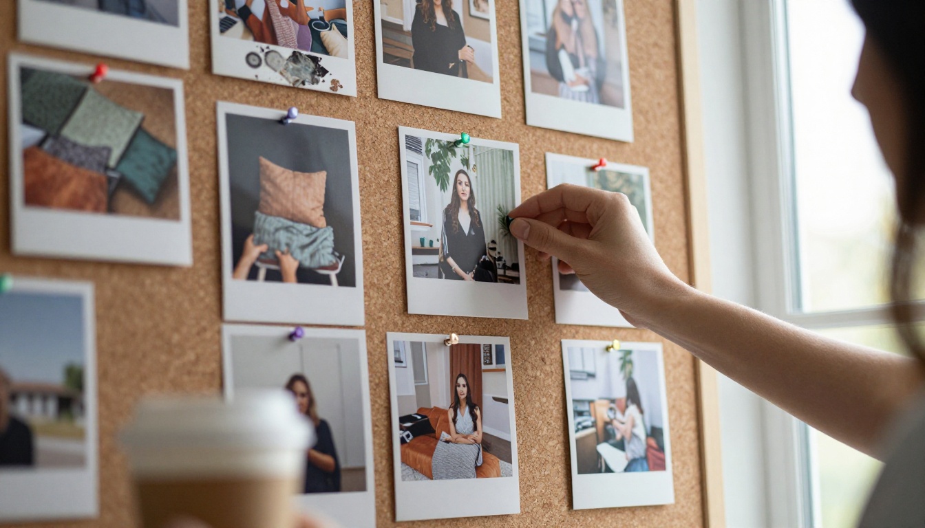 Hand pinning a photograph onto a cork board full of prints and fabric swatches Hand pinning a photograph onto a cork board full of prints and fabric swatches