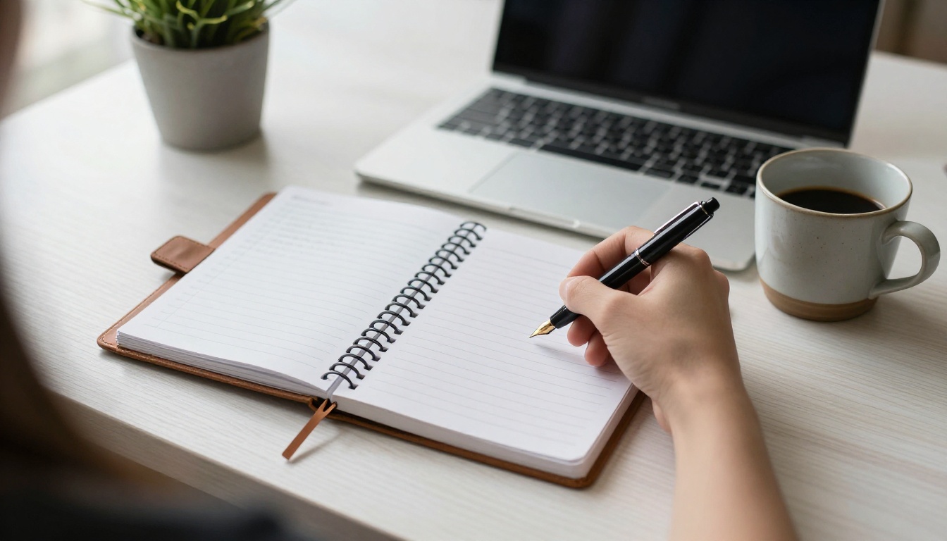Writer's hand with a fountain pen above a notebook holding a structured list Writer's hand with a fountain pen above a notebook holding a structured list