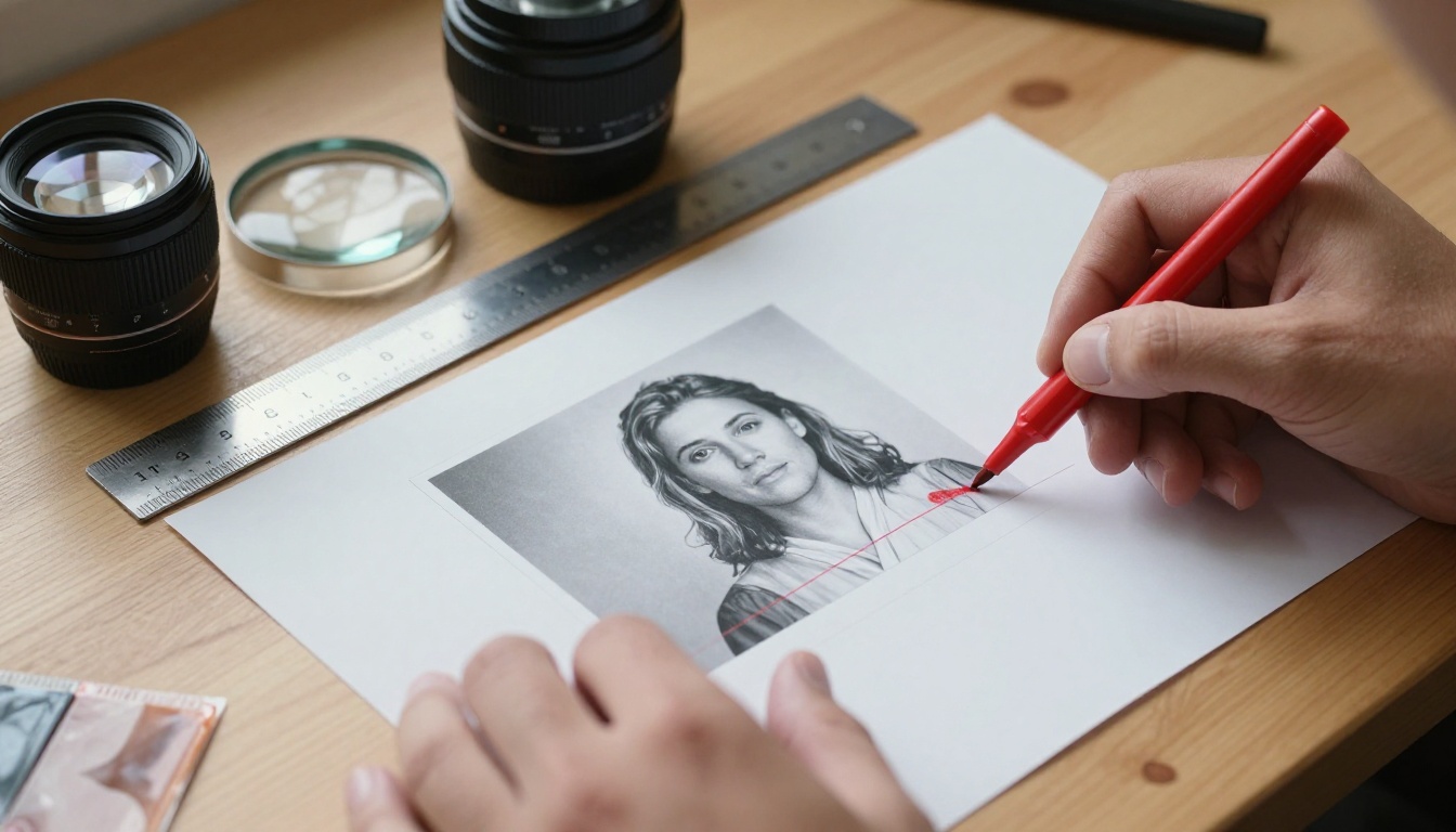 Photographer marking crop lines in red pencil on a printed contact sheet Photographer marking crop lines in red pencil on a printed contact sheet