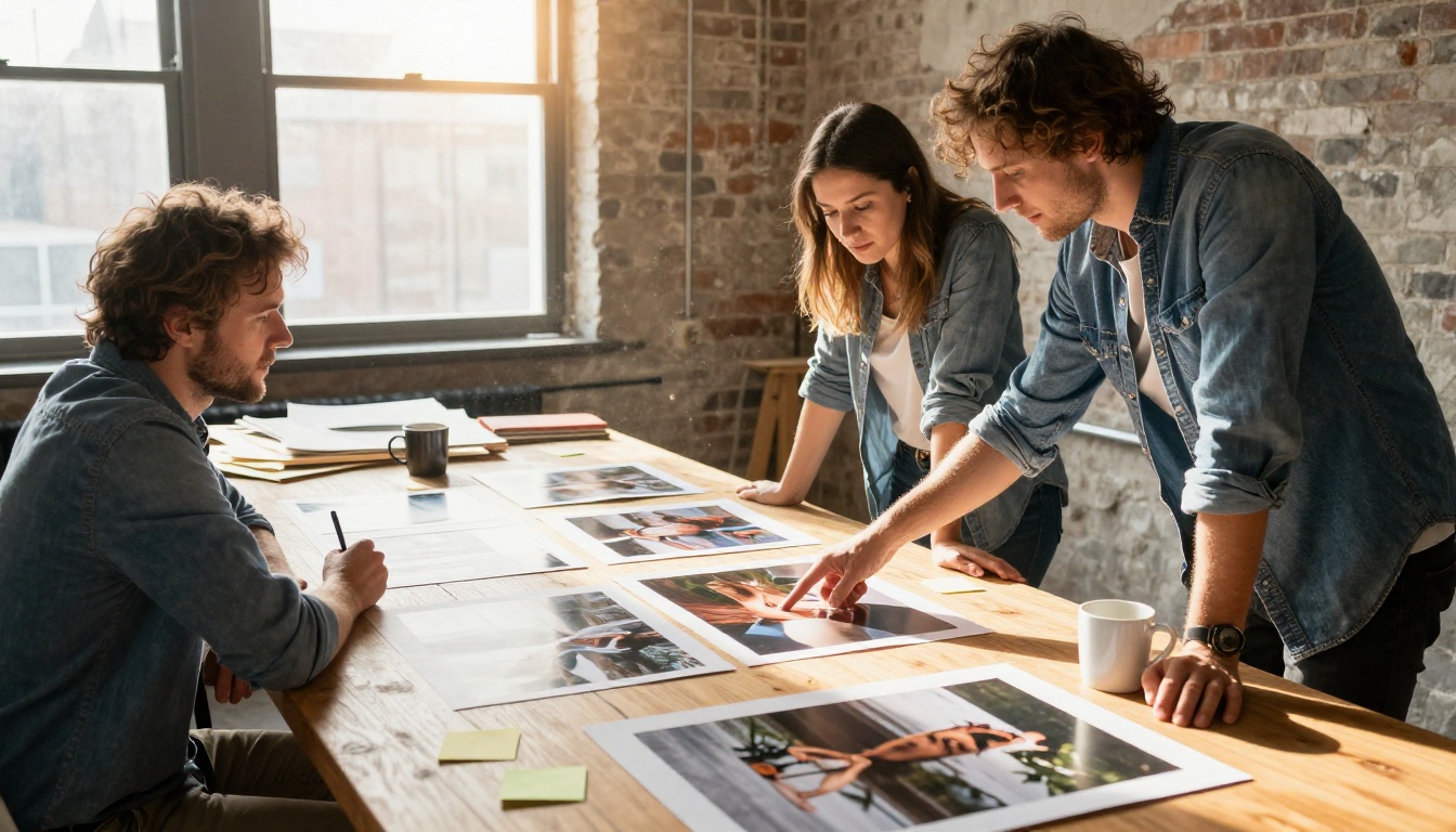 Three creatives reviewing large printed photographs on an oak table in a bright loft Three creatives reviewing large printed photographs on an oak table in a bright loft
