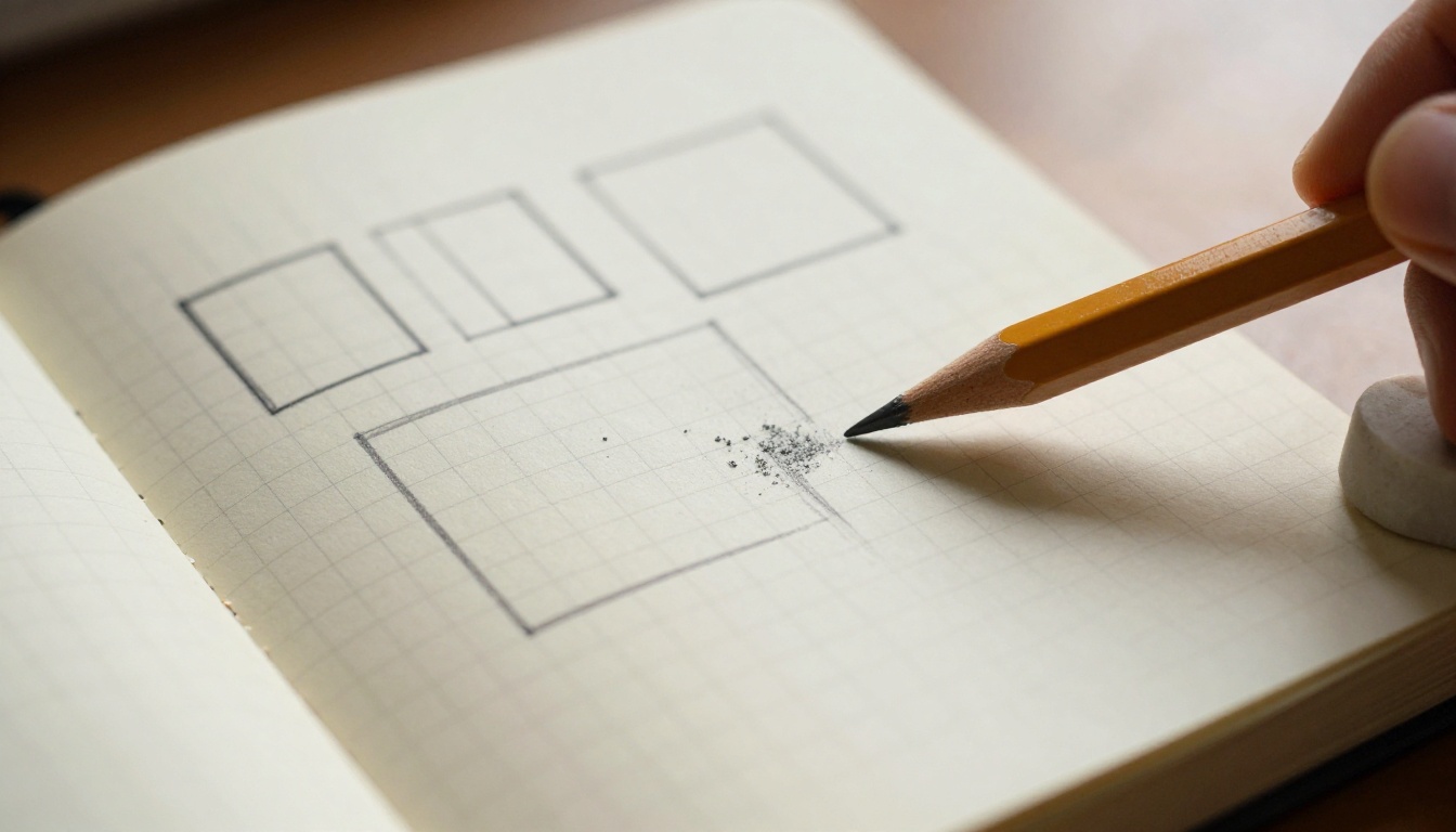Macro view of a grid-paper notebook with pencil-drawn rectangles planning an image layout