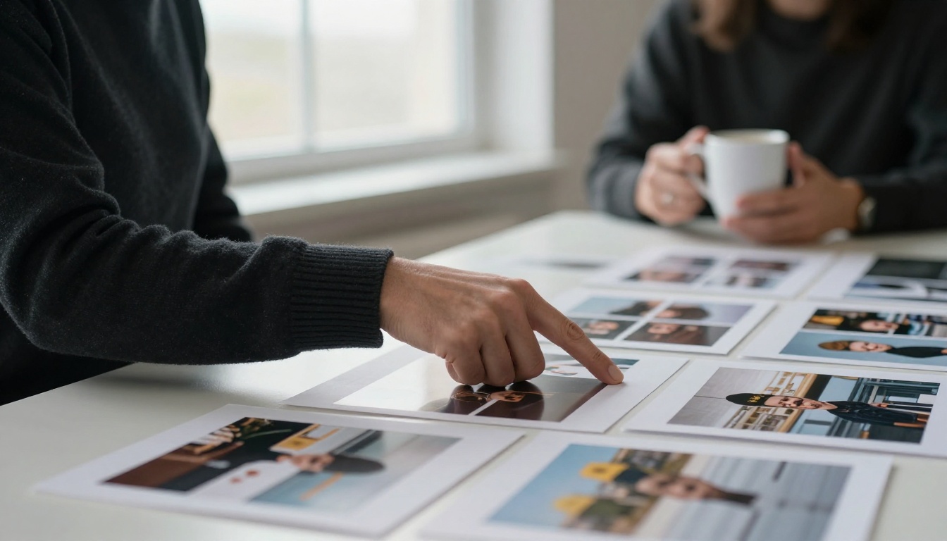 Art director in a charcoal sweater pointing at printed photo contact sheets spread across a white table