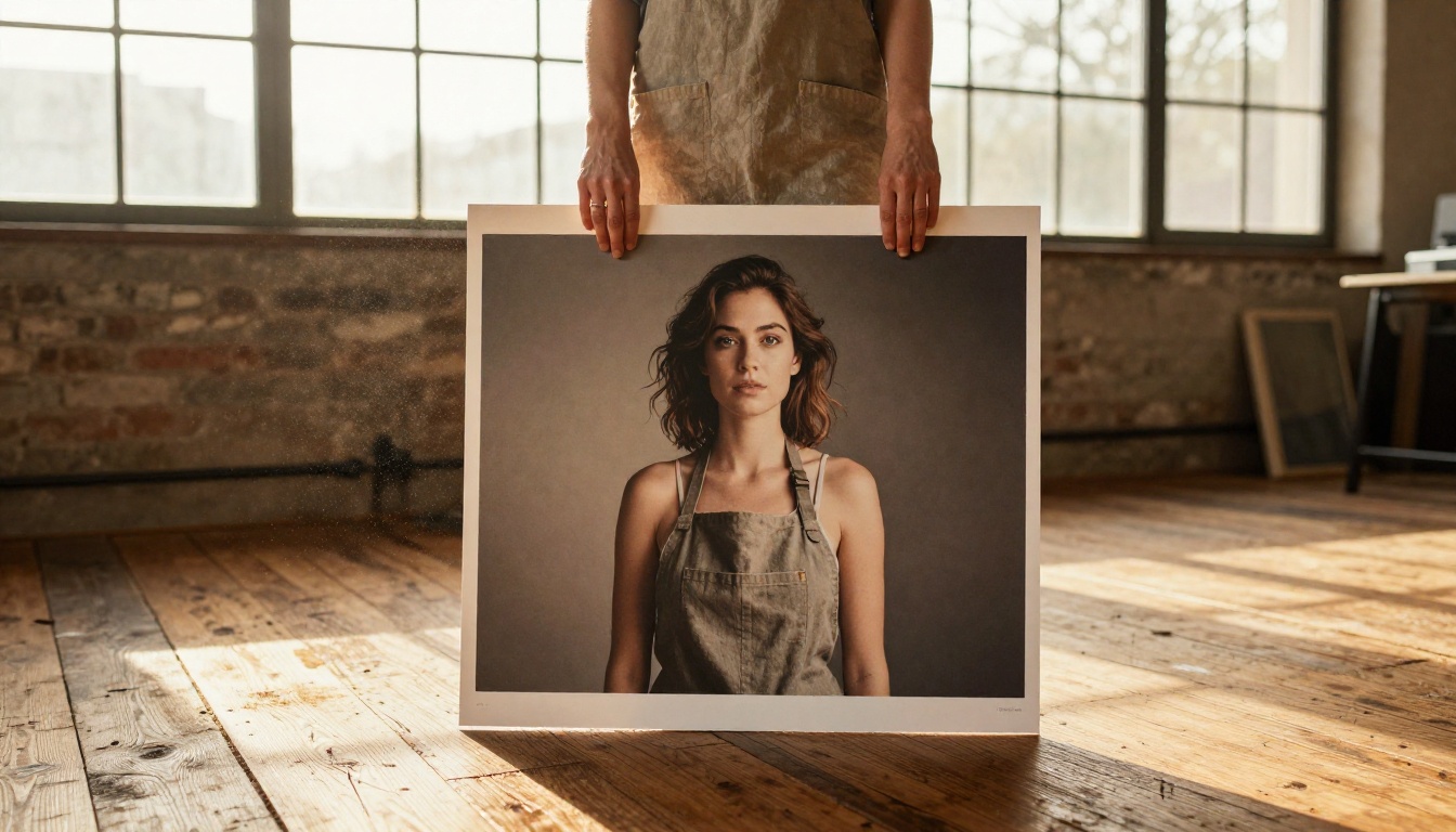 Photographer in a sunlit loft holding a large printed portrait seen from a low angle