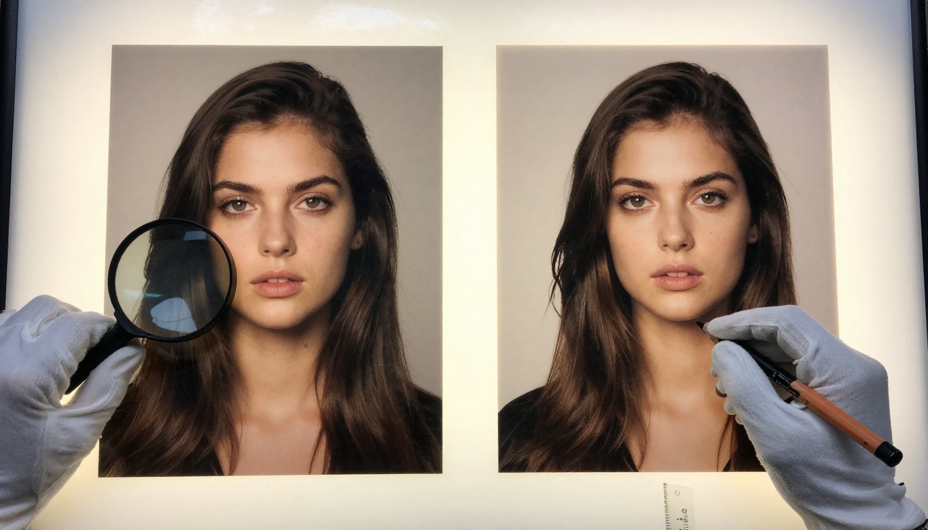Two nearly identical portrait prints on a light table with a loupe resting on one of them