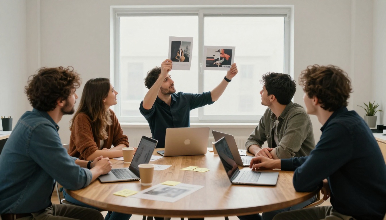 Four colleagues around a round oak table holding two printed images up against the window to compare them