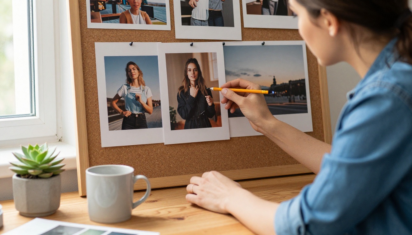Graphic designer in a denim shirt reviewing a large printed photograph pinned to a corkboard
