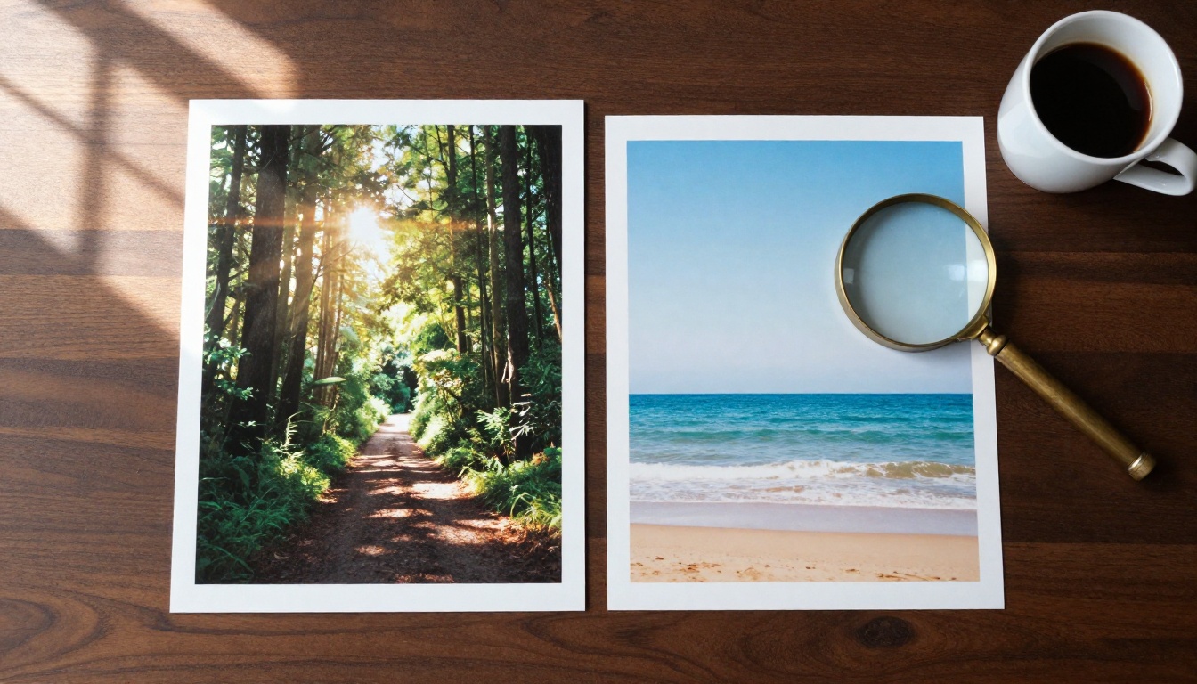 Two large photographic prints compared side by side on a walnut desk