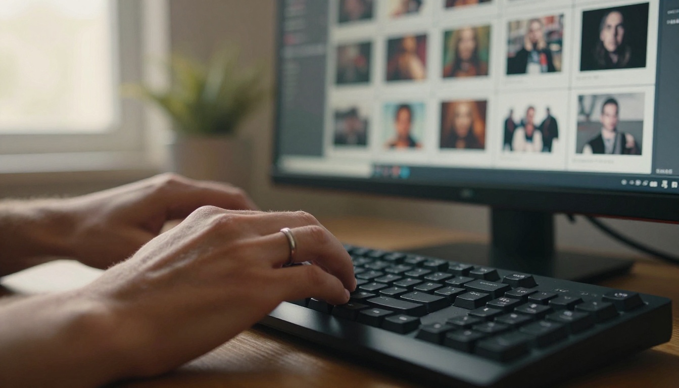 Designer's hands resting on a desk in front of a softly blurred monitor in warm morning light