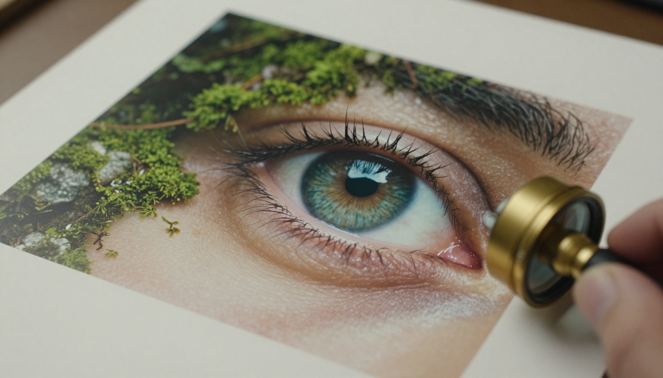 Extreme close-up of an eye studying a printed photograph through a brass loupe